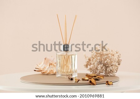 Reed diffuser and sea shells on table in room