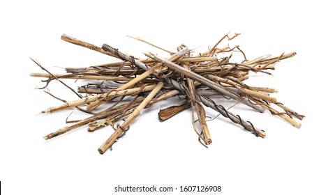 Reed, dry cane stem and liana, jungle vine pile isolated on white background - Shutterstock ID 1607126908