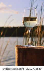 Reeds Reflected In A White Wine Glass On A Dock 