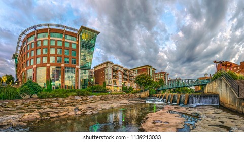 Reedy River Panorama Of RiverPlace In Downtown Greenville South Carolina SC.