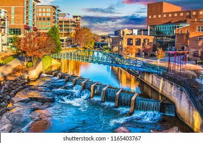 Reedy River And Skyline In Downtown Greenville South Carolina SC.