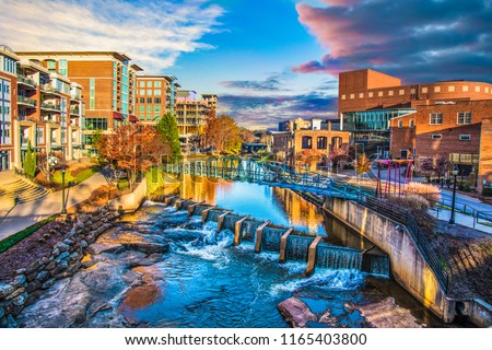Reedy River and Skyline in Downtown Greenville South Carolina SC.