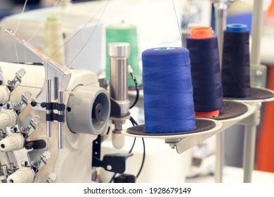 Reels Of Textile Yarn Blue Thread At Industrial Weaving Manufacturing Machine