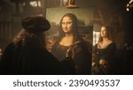 Re-enactment Documentary Scene for The Process of the Creation of the Mona Lisa Painting: The Genius Leonardo da Vinci Making the First Layer of Shadow in his Masterpiece on Canvas in his Art Workshop