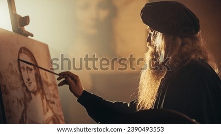 Re-enactment Documentary Scene for The Process of the Creation of the Mona Lisa Painting: The Genius Leonardo da Vinci Making the First Layer of Shadow of his Masterpiece on Canvas in his Art Workshop