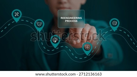 Reengineering process shown through workflow markers and task points illustrating how organizations redesign operations, remove inefficiencies and improve performance across different business