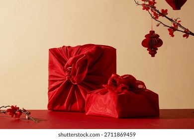 Ref gift boxes with beige background and hanging lanterns. Designed for premium product presentation and Chinese new year promotional materials. Red - beige tone - Powered by Shutterstock - Get 15% off with code: PIKWIZARD15
