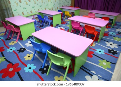 Refectory Of A School For Children With Chairs And Tables Without People . Interior Of A Spacious Kindergarten Room With Small Children Tables And Chairs.