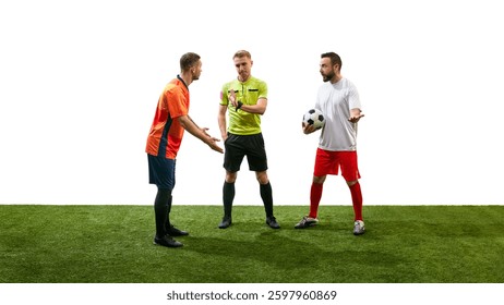 Referee standing between two arguing man, soccer players from opposite team in confrontation, isolated on white background. Concept of sport, fair play, competition, control, rules