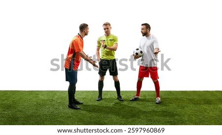Referee standing between two arguing man, soccer players from opposite team in confrontation, isolated on white background. Concept of sport, fair play, competition, control, rules