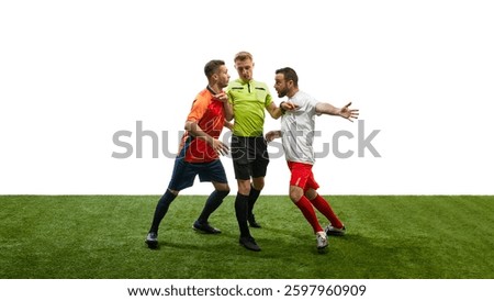 Referee standing between two players from opposing teams who are arguing, illustrating conflict resolution during soccer game. Concept of sport, fair play, competition, control, rules