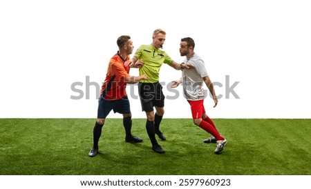 Referee standing and whistling between two players from opposite team confronting and arguing, signaling maintenance of order. Concept of sport, fair play, competition, control, rules