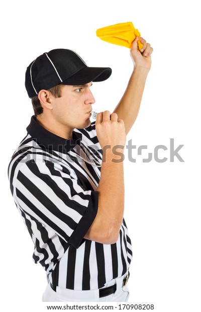 Referee:\
Throwing A Penalty Flag And Blowing\
Whistle