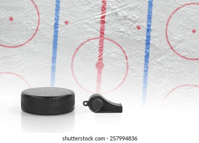 Referee whistle, washer and layout hockey rink. Concept, hockey