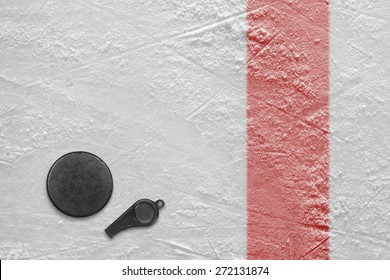 Referee Whistle And Washer On The Hockey Rink. Texture, Background