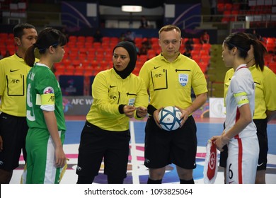 Referee Zari Fathi Of FIFA Coin Toss During AFC Women’s Futsal Championship 2018 Final Match Between Hong Kong And Macau At Indoor Stadium Huamark On May 4, 2018 In BANGKOK,Thailand.