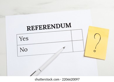 Referendum Ballot, Pen And Sticky Note With Question Mark On White Marble Table, Flat Lay