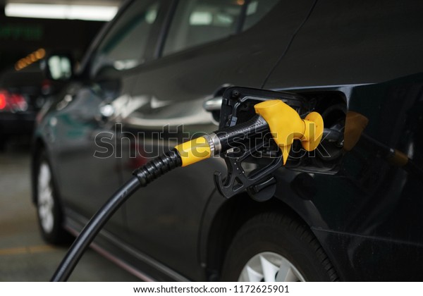 Refill gas into the car tank.Close up shot of Fuel\
nozzle refueling the gas into the car tank at petrol station.      \
                        