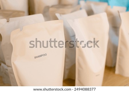 Refill packet. Zero waste. Reuse reduce recycle concept. refill liquid soap, shampoo and other products. Plastic packaging for refill pouch in store.