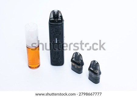 Refillable pod mod e-cigarette with embossed patterned body on white background.