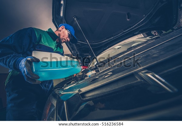 Refilling Car Windshield Washer Fluid by\
Professional Car Service\
Technician.