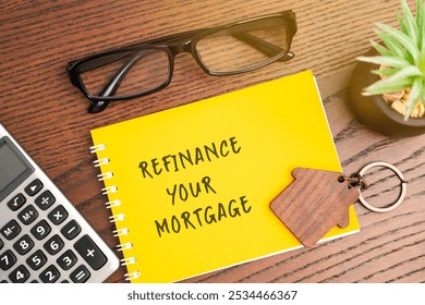 Refinance your mortgage concept. Process of obtaining a new loan to replace an existing home loan, often to secure better terms. Real estate and finance. Notebook, house and calculator on table