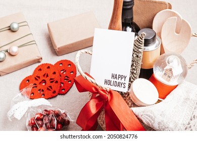 Refined Christmas Gift Basket For Culinary Enthusiats With Bottle Of Oil, Vinegar And Kitchen Utensils. Corporate Or Personal Present For Cooking Lovers, Foodies And Gourmands.