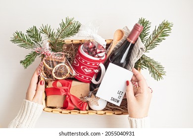 Refined Christmas Gift Basket For Culinary Enthusiats With Bottle Of Wine And Mulled Wine Ingredients. Corporate Hamper Or Personal Present For Cooking Lovers, Foodies And Gourmands.