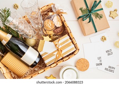 Refined Christmas Gift Basket For Romantic Holidays With Bottle Of Champagne, Wine Glasses, Cookies And Candle. Corporate Or Personal Present For Family And Friends.