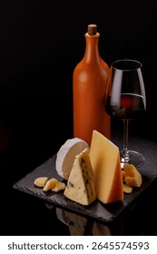 A refined selection of aged cheeses presented on a board, accompanied by a glass of wine, set against a dramatic dark background. A perfect setting for a gourmet indulgence