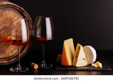 A refined selection of aged cheeses presented on a board, accompanied by a glasses of wine, set against a dramatic dark background. A perfect setting for a gourmet indulgence