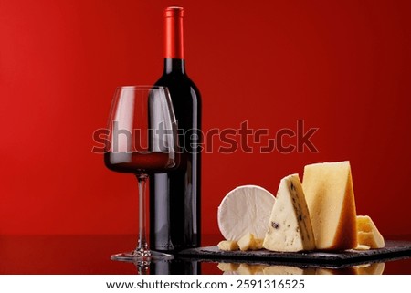 A refined selection of aged cheeses presented on a board, accompanied by a glass of wine, set against a red background. A perfect setting for a gourmet indulgence