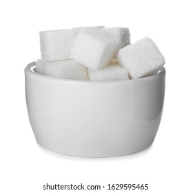 Refined Sugar Cubes In Bowl Isolated On White