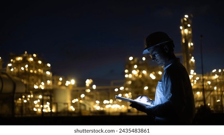 Refinery Engineer working with digital tablet at night shift  , oil refinery factory at night time background.