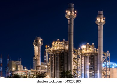 Refinery Gas turbine electric power plant in night at Amata industrial estate, Factory 