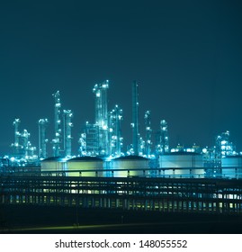 Refinery Industrial Plant With Industry Boiler At Night