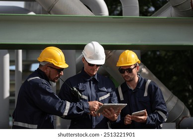 Refinery industry, engineer working with tablet at oil and gas refinery plant industry factory, Petrochemical plant