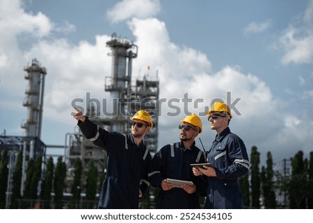 Refinery industry, engineer working with tablet at oil and gas refinery plant industry factory, Petrochemical plant