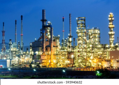 Refinery tower in petrochemical industrial plant with Twilight