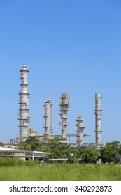 Refinery tower in petroleum plant with blue sky 