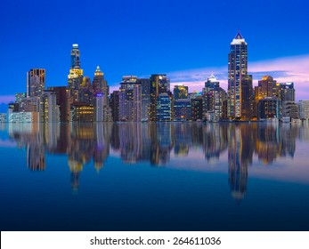 reflection of Bangkok city at night, Thailand