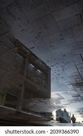 Reflection of a building and a flying birds in a puddle on the asphalt after a rain. Abstract photography.