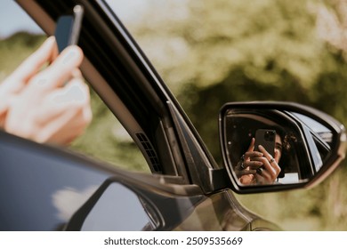Reflection of car side view mirror photo