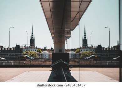 Reflection of a city in window 