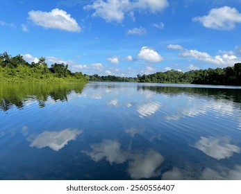 reflection of clouds in clear lake