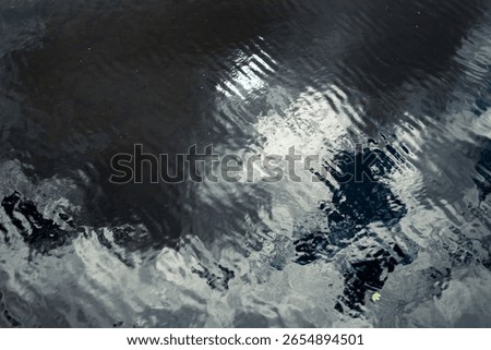 Reflection of clouds in the water. Abstract background for design. Black dark blue lake water surface. Reflection of sky and white clouds. Abstract. Ripples. 