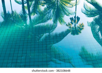 Reflection of coconut trees and sugar palm tree in turquoise color swimming pool - Powered by Shutterstock