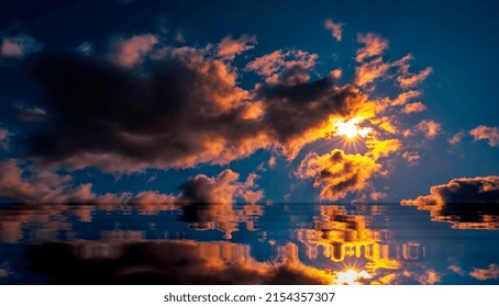  Reflection Of Colorful Dramatic Sky With Clouds, Steaming Cumulonimbus Clouds Reflect Golden Light