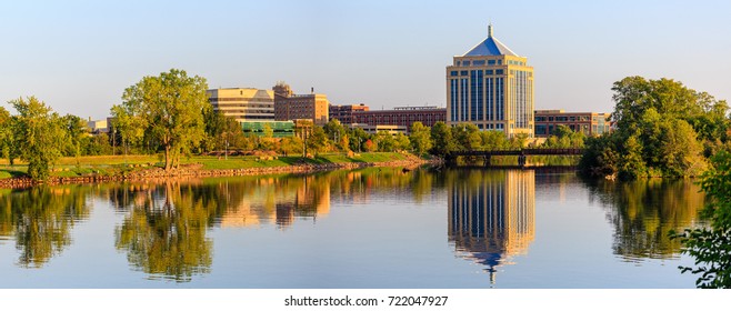 Reflection Of Downtown Wausau, Wisconsin In The Wisconsin River In Late Summer