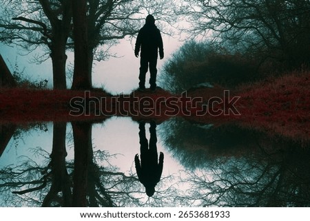 a reflection duplicate horror concept. of a scary hooded figure, standing in a forest on a foggy winters day